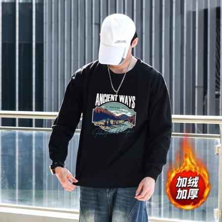 FA48653# 华棉加绒圆领潮流保暖上衣情侣宽松情侣T恤休闲卫衣 男装批发