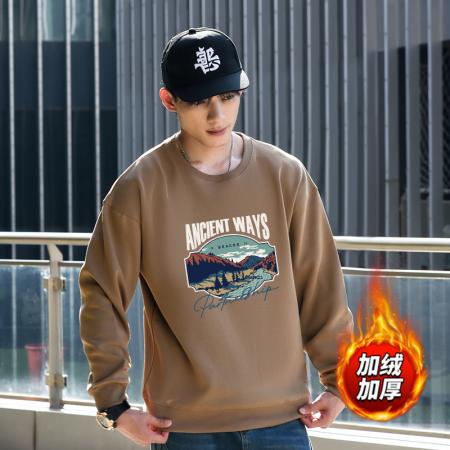 FA48653# 华棉加绒圆领潮流保暖上衣情侣宽松情侣T恤休闲卫衣 男装批发