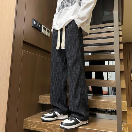 FA48655# 新品秋冬款裤子男重磅美式高街运动裤花纹条纹满印卫裤男垂感直筒休闲裤男 男装批发