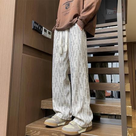 FA48655# 新品秋冬款裤子男重磅美式高街运动裤花纹条纹满印卫裤男垂感直筒休闲裤男 男装批发
