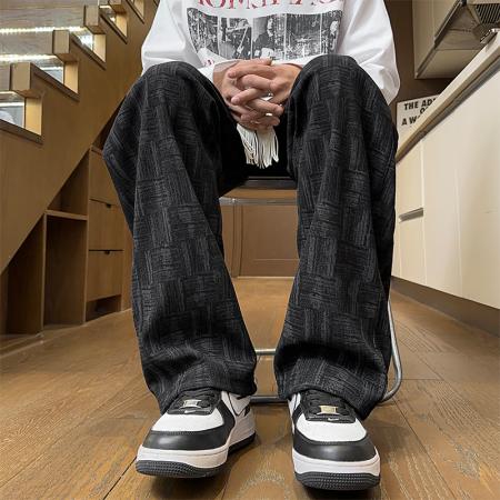 FA48655# 新品秋冬款裤子男重磅美式高街运动裤花纹条纹满印卫裤男垂感直筒休闲裤男 男装批发
