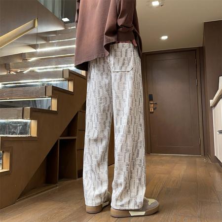 FA48655# 新品秋冬款裤子男重磅美式高街运动裤花纹条纹满印卫裤男垂感直筒休闲裤男 男装批发