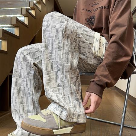 FA48655# 新品秋冬款裤子男重磅美式高街运动裤花纹条纹满印卫裤男垂感直筒休闲裤男 男装批发