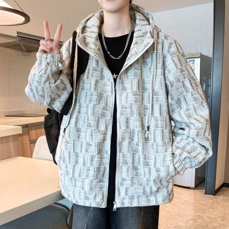FA48656# 新款满印花纹夹克男青少年工装休闲个性连帽卫衣男外套男条纹开衫夹克 男装批发