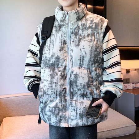 FA48658# 水墨条纹马甲男中国风满印扎染迷彩冬季新款棉服外套男坎肩男宽松保暖加厚棉衣工作服团体服 男装批发
