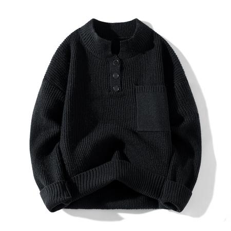 FA48659# 秋冬季毛衣男半高领纽扣毛衣卷边针织衫男百搭毛衣外套男长T恤 男装批发