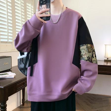 加绒小熊提花拼接拼色卫衣 男装批发