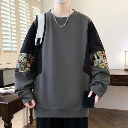 加绒小熊提花拼接拼色卫衣 男装批发