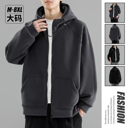 大码重磅奥粒绒复合连帽开衫加绒卫衣 男装批发
