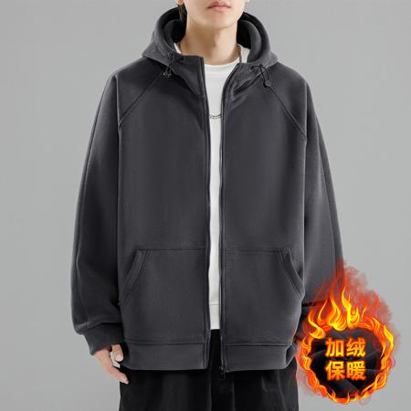 大码重磅奥粒绒复合连帽开衫加绒卫衣 男装批发