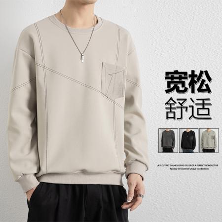 重磅大码简约线条纹理圆领胸兜卫衣 男装批发