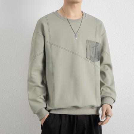 重磅大码简约线条纹理圆领胸兜卫衣 男装批发