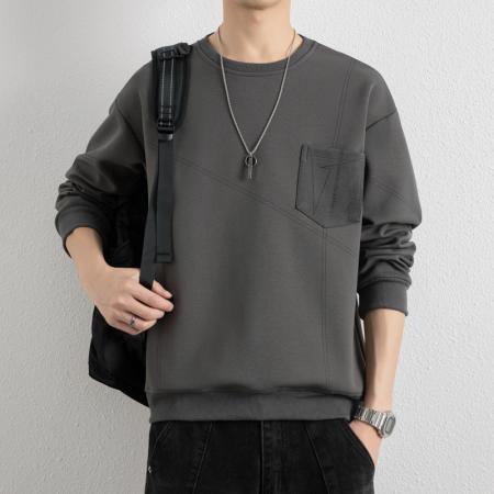 重磅大码简约线条纹理圆领胸兜卫衣 男装批发