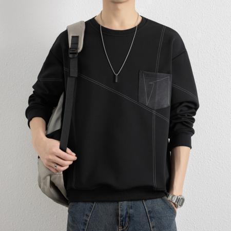 重磅大码简约线条纹理圆领胸兜卫衣 男装批发