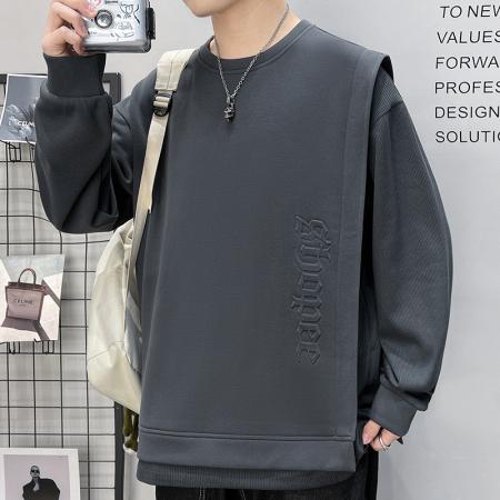 秋季重磅双料拼接假两件棉质圆领卫衣男美式街头潮流设计感长袖上衣 男装批发