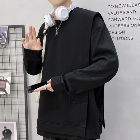 秋季重磅双料拼接假两件棉质圆领卫衣男美式街头潮流设计感长袖上衣 男装批发