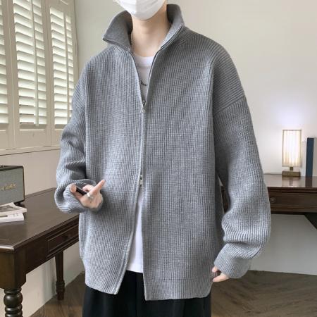 秋冬重磅开衫双拉链立领毛衣男日系简约宽松百搭 男装批发