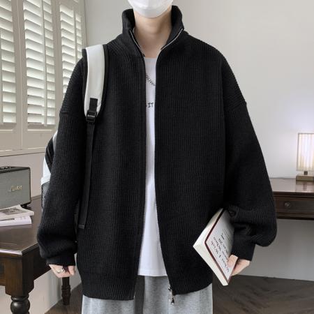 秋冬重磅开衫双拉链立领毛衣男日系简约宽松百搭 男装批发