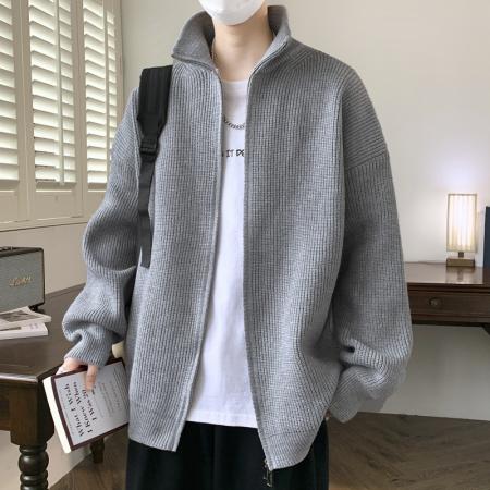 秋冬重磅开衫双拉链立领毛衣男日系简约宽松百搭 男装批发