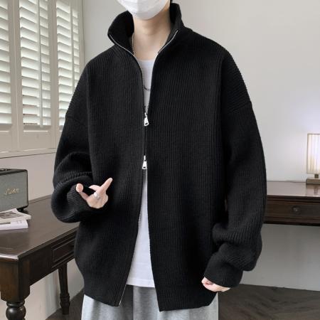秋冬重磅开衫双拉链立领毛衣男日系简约宽松百搭 男装批发