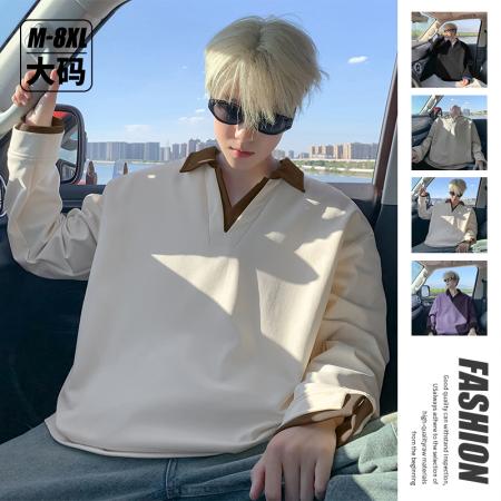 潮流大码迪桑罗纹拼色POLO衫V领卫衣 男装批发