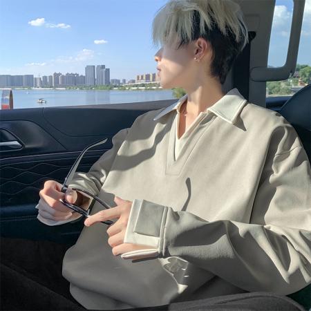 潮流大码迪桑罗纹拼色POLO衫V领卫衣 男装批发