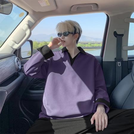 潮流大码迪桑罗纹拼色POLO衫V领卫衣 男装批发