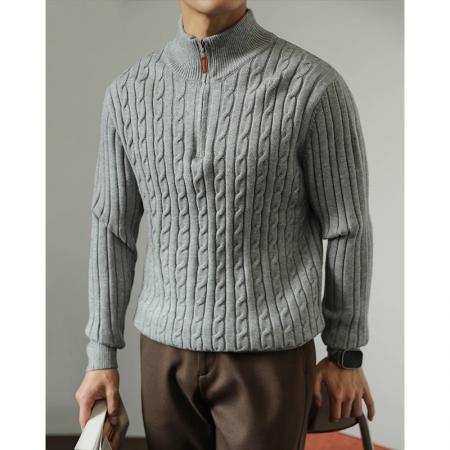 新款冬季高品质加厚保暖针织衫男士商务休闲提花半拉链套头卫衣毛衣男外套 男装批发