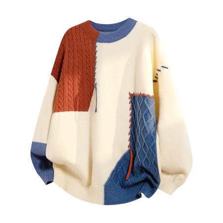 男士新款韩版宽松港风潮流日系青少年个性时尚拼接圆领半高领毛衣男针织衫男情侣款毛衣有加绒 男装批发