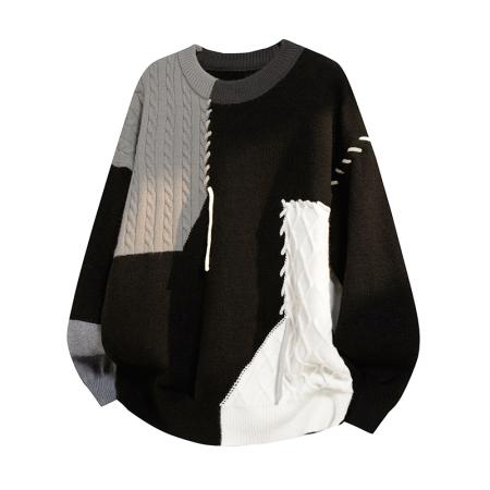 男士新款韩版宽松港风潮流日系青少年个性时尚拼接圆领半高领毛衣男针织衫男情侣款毛衣有加绒 男装批发