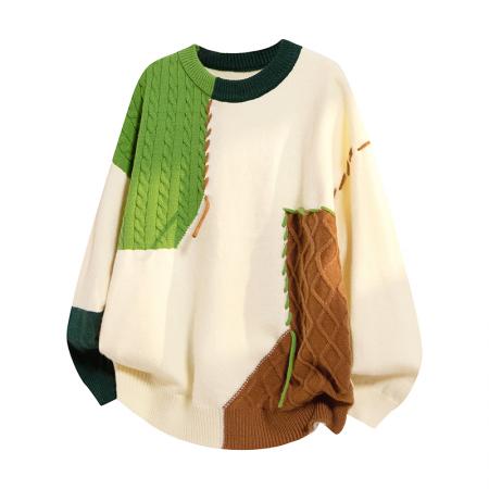 男士新款韩版宽松港风潮流日系青少年个性时尚拼接圆领半高领毛衣男针织衫男情侣款毛衣有加绒 男装批发