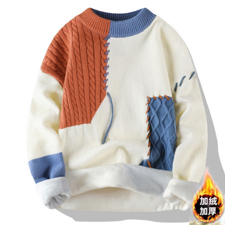 男士新款韩版宽松港风潮流日系青少年个性时尚拼接圆领半高领毛衣男针织衫男情侣款毛衣有加绒 男装批发