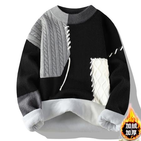 男士新款韩版宽松港风潮流日系青少年个性时尚拼接圆领半高领毛衣男针织衫男情侣款毛衣有加绒 男装批发