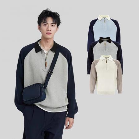 高级感拼接Polo领毛衣男宽松秋季新款针织衫上衣套头卫衣外套男潮 男装批发