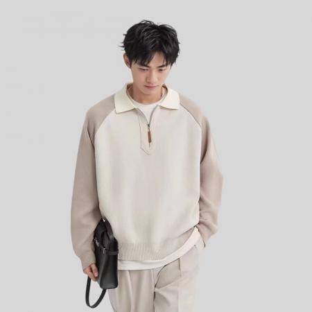 高级感拼接Polo领毛衣男宽松秋季新款针织衫上衣套头卫衣外套男潮 男装批发