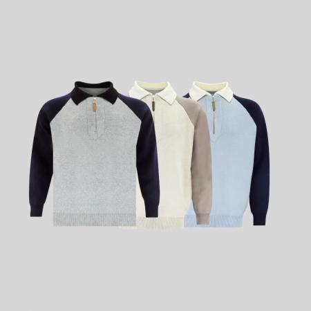 高级感拼接Polo领毛衣男宽松秋季新款针织衫上衣套头卫衣外套男潮 男装批发