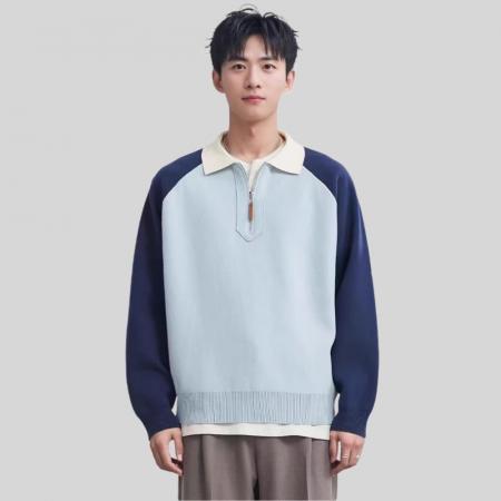 高级感拼接Polo领毛衣男宽松秋季新款针织衫上衣套头卫衣外套男潮 男装批发
