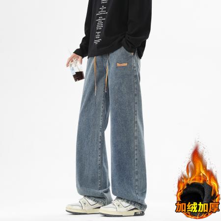 加绒美式牛仔裤男士春夏季新款垂感宽松复古直筒休闲潮牌阔腿长裤子 男装批发