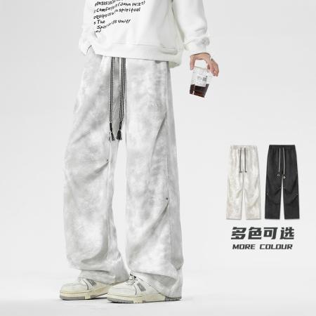 美式高街扎染脏脏裤男夏季新款宽松直筒大码阔腿裤男生休闲长裤子 男装批发