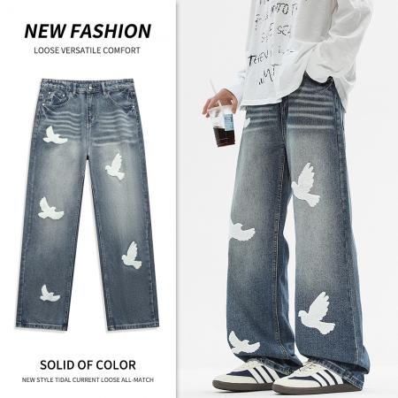 美式潮牌鸽子贴皮牛仔裤男士新款高街蓝色黑色水洗宽松直筒裤 男装批发