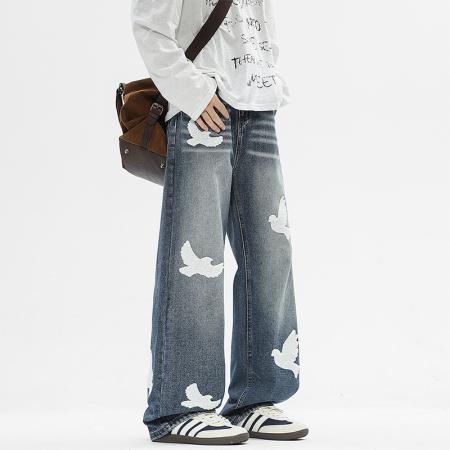 美式潮牌鸽子贴皮牛仔裤男士新款高街蓝色黑色水洗宽松直筒裤 男装批发