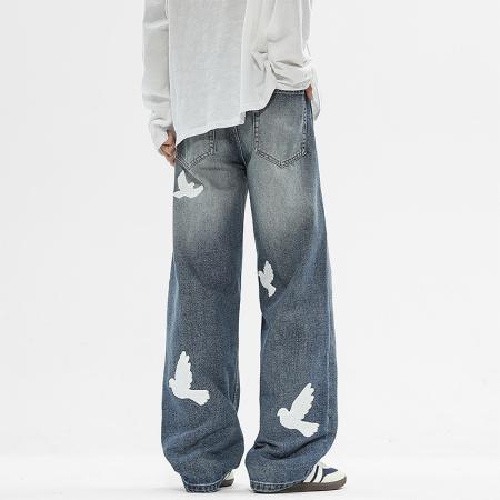 美式潮牌鸽子贴皮牛仔裤男士新款高街蓝色黑色水洗宽松直筒裤 男装批发