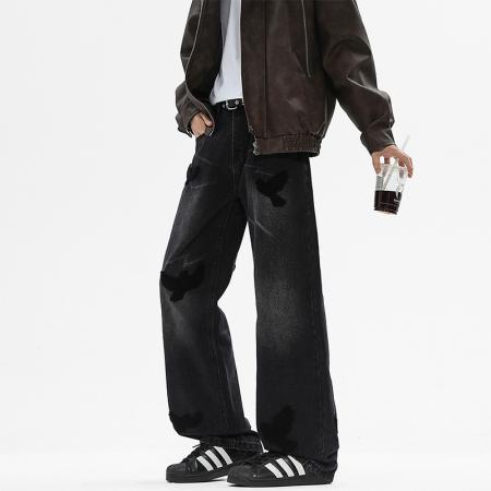 美式潮牌鸽子贴皮牛仔裤男士新款高街蓝色黑色水洗宽松直筒裤 男装批发