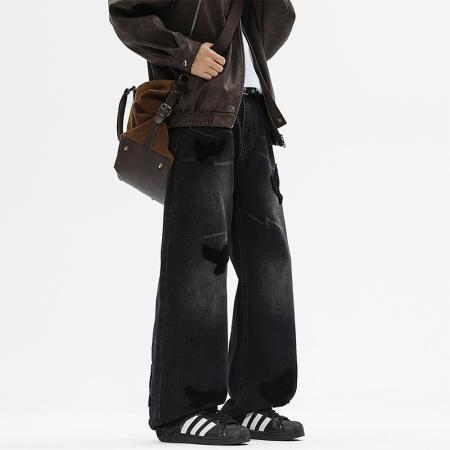 美式潮牌鸽子贴皮牛仔裤男士新款高街蓝色黑色水洗宽松直筒裤 男装批发