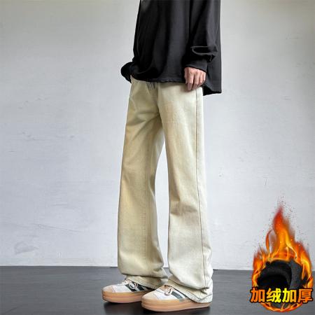 加绒微喇洗水拖地牛仔裤纯色复古公版港风宽松直筒裤子工装休闲裤男女春装长裤 男装批发