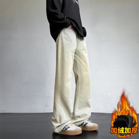 加绒微喇洗水拖地牛仔裤纯色复古公版港风宽松直筒裤子工装休闲裤男女春装长裤 男装批发