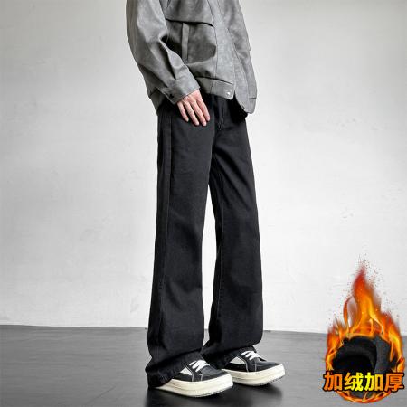 加绒微喇洗水拖地牛仔裤纯色复古公版港风宽松直筒裤子工装休闲裤男女春装长裤 男装批发