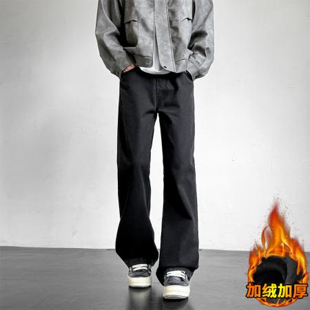 加绒微喇洗水拖地牛仔裤纯色复古公版港风宽松直筒裤子工装休闲裤男女春装长裤 男装批发