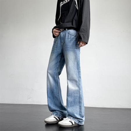 微喇洗水拖地牛仔裤纯色复古公版港风宽松直筒裤子工装休闲裤男女春装 男装批发