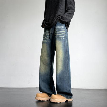 四季洗水拖地牛仔裤纯色复古公版港风宽松直筒裤子工装休闲裤男女 男装批发